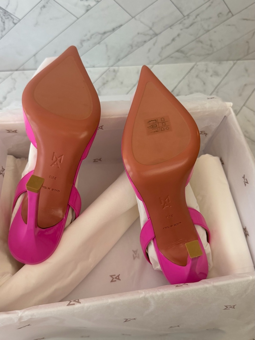 Amina Muaddi Hot Pink Pointed-Toe Slingback Heels with Crystal Buckle - Picture 5 of 10